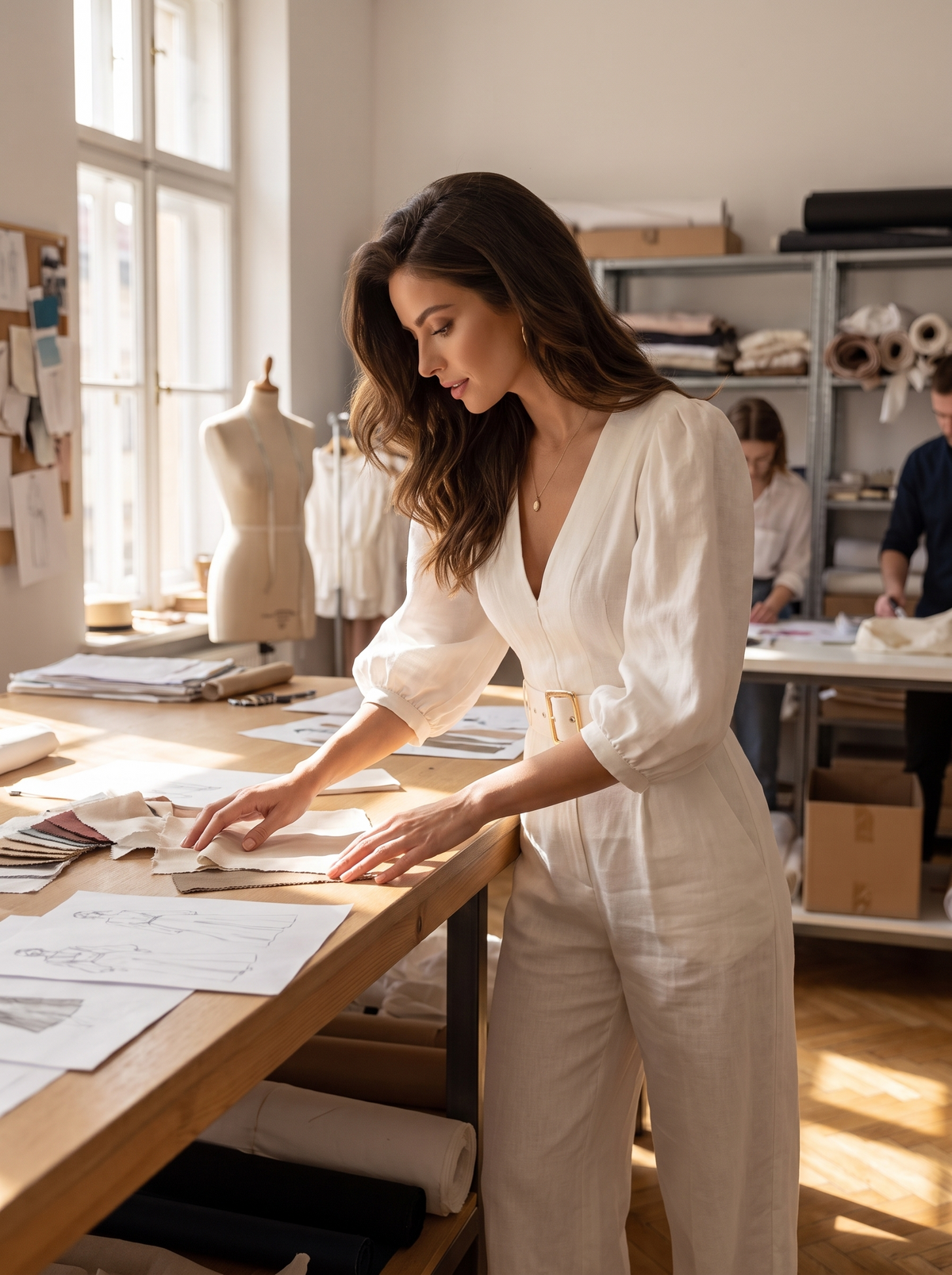 Puff Sleeve Belted Wide Leg Jumpsuit in a design studio