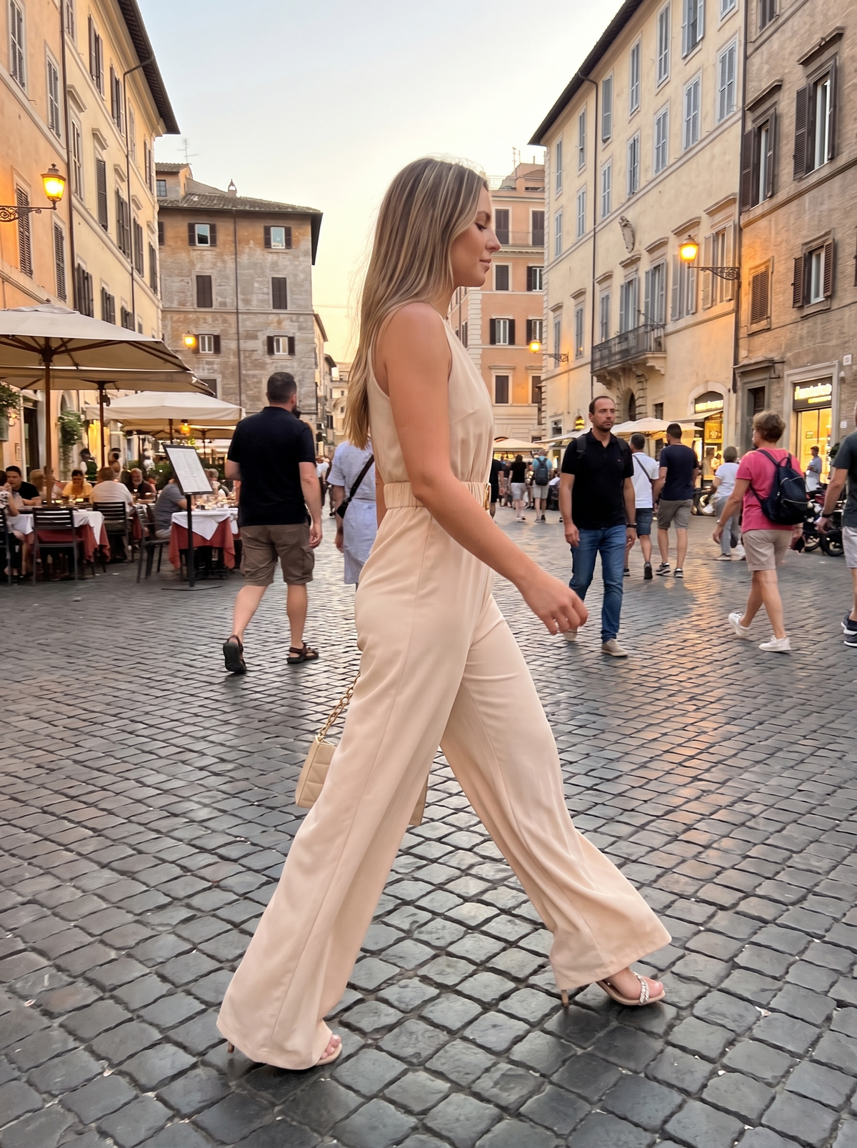 Deep V Sleeveless Wide Leg Jumpsuit in a city plaza