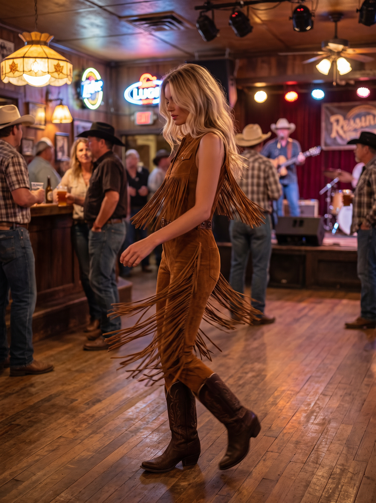 Western Fringe Suede Vest Jumpsuit in a music bar