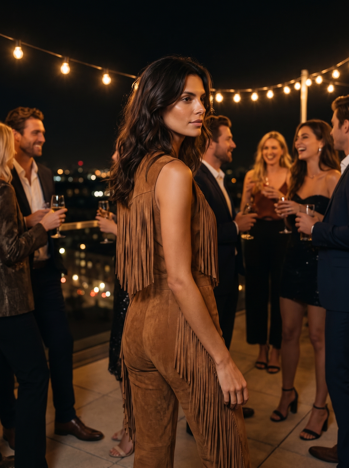 Western Fringe Suede Vest Jumpsuit at a rooftop party