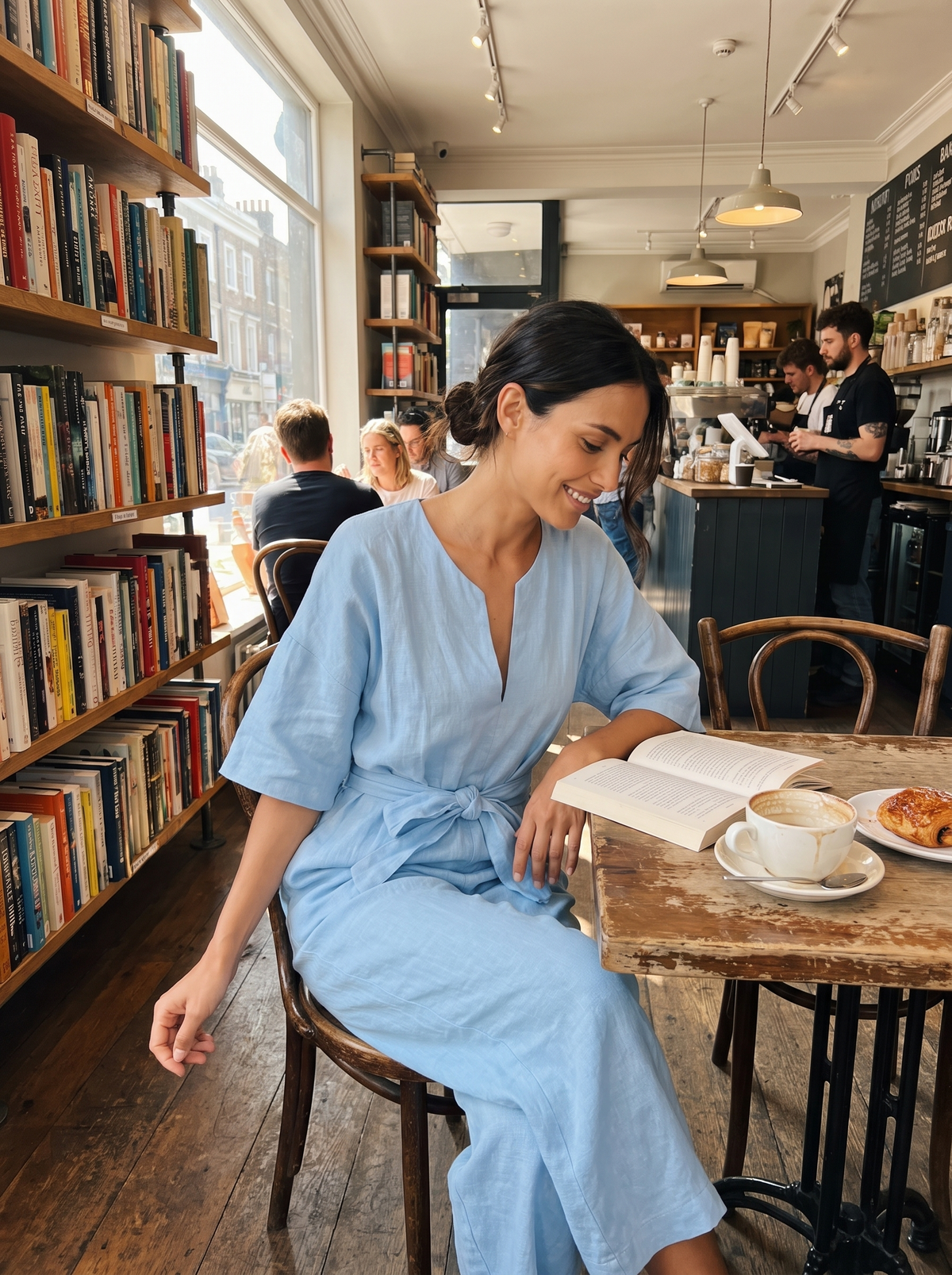 Lace Up High Waist Half Sleeve Jumpsuit in a bookshop cafe