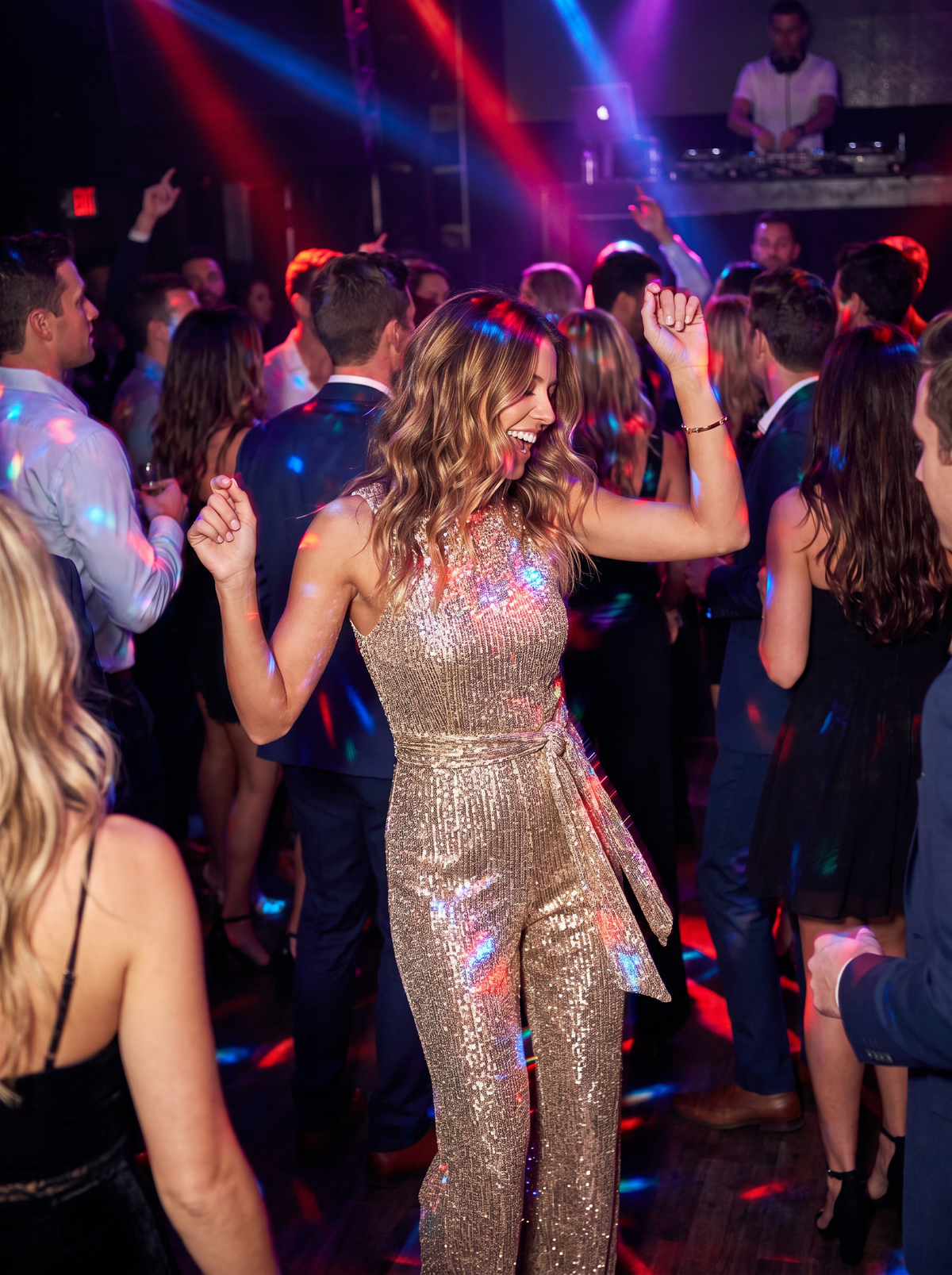 Sequin Backless Lace Up Jumpsuit in a nightclub