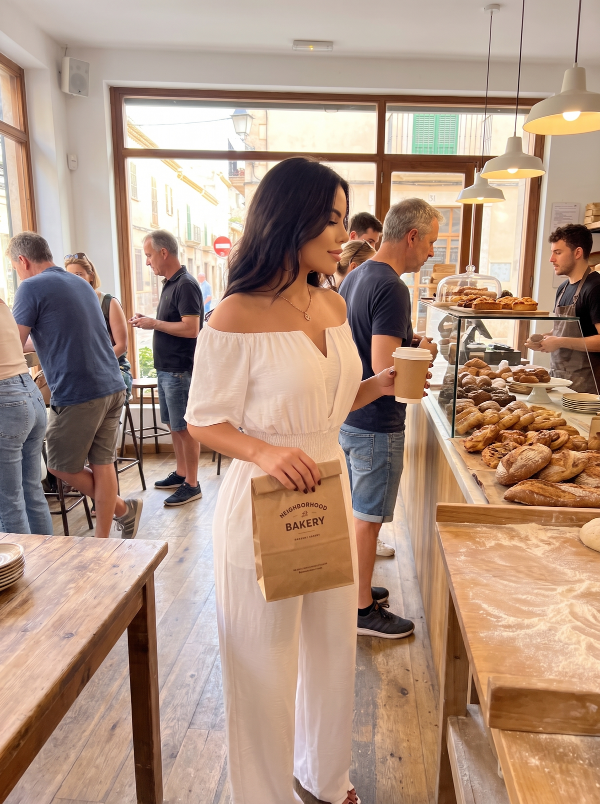Off Shoulder Shirred Waist Jumpsuit at a bakery