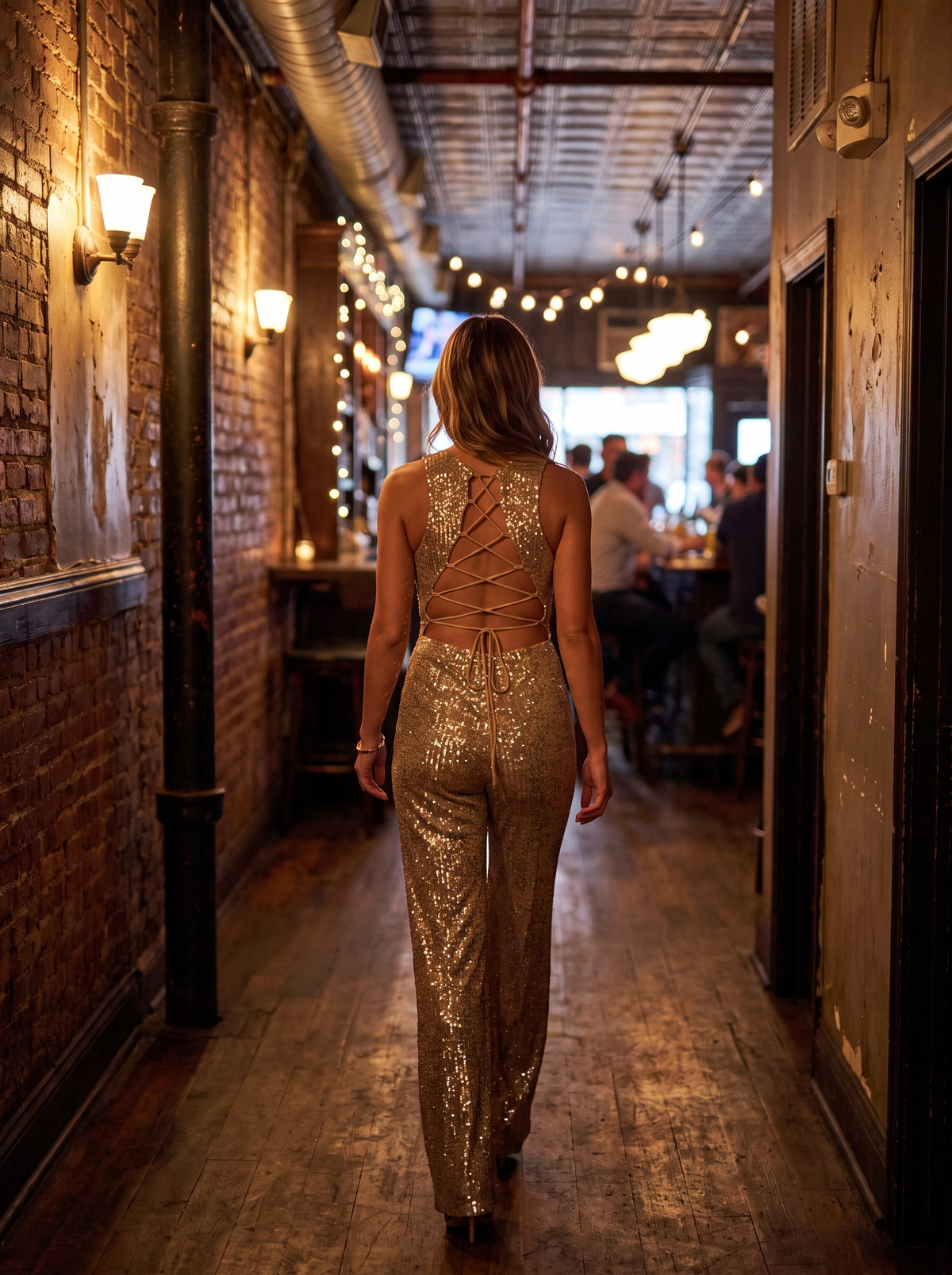 Sequin Backless Lace Up Jumpsuit open back detail