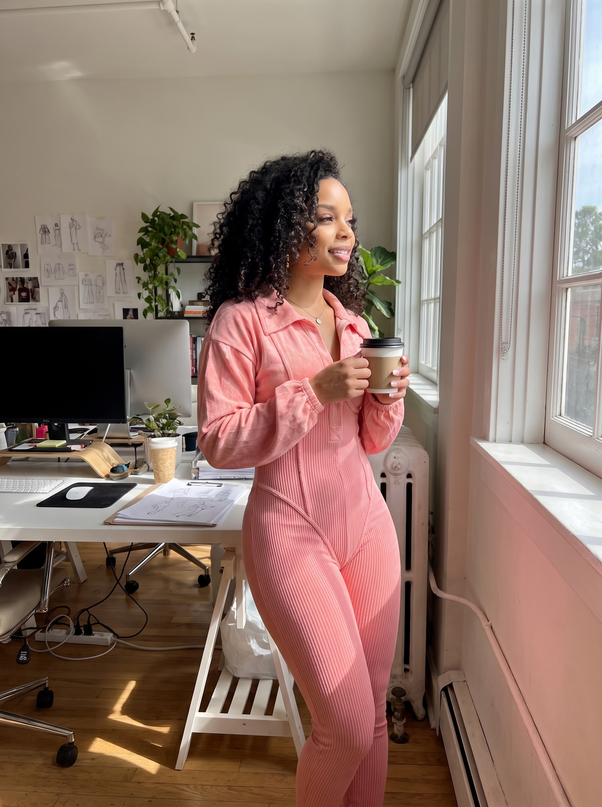Pink Lapel Long Sleeve Jumpsuit in a creative office