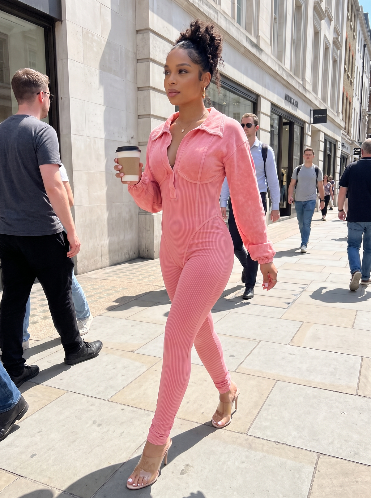 Pink Lapel Long Sleeve Jumpsuit on a city pavement