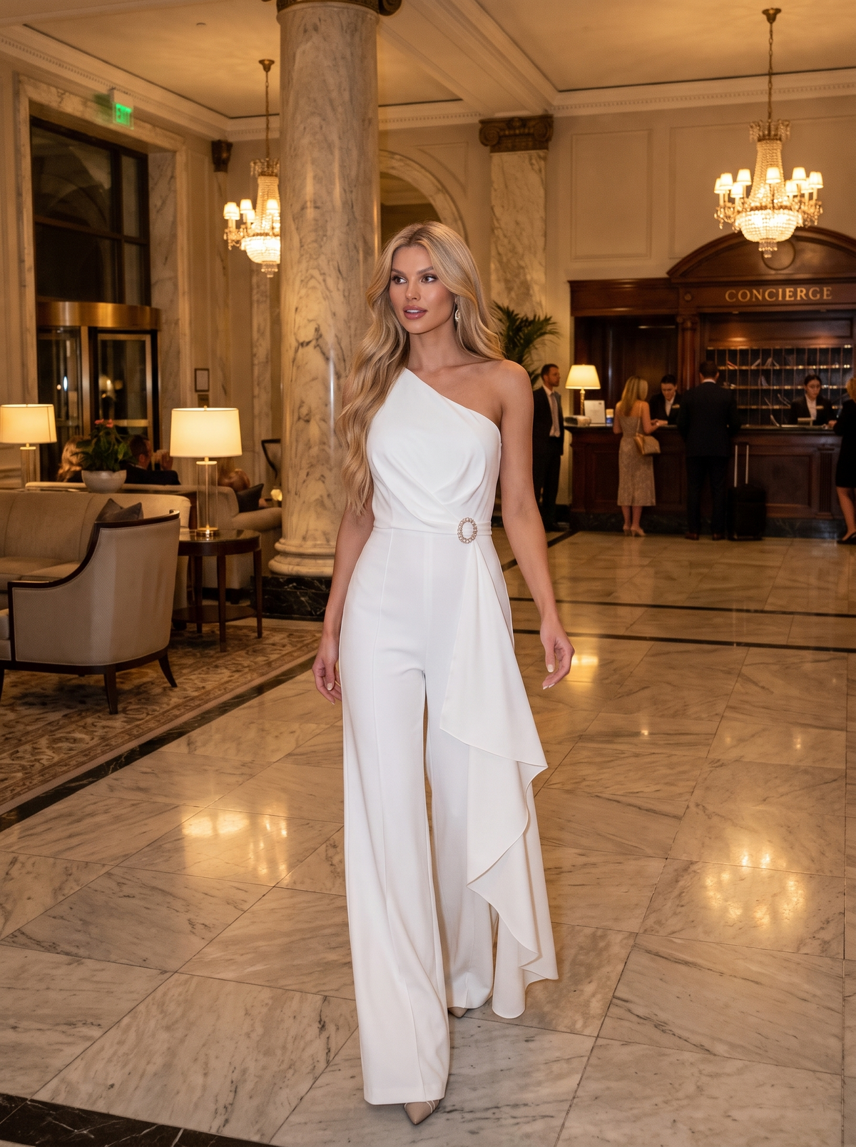 White One Shoulder Ruffle Jumpsuit in a hotel lobby