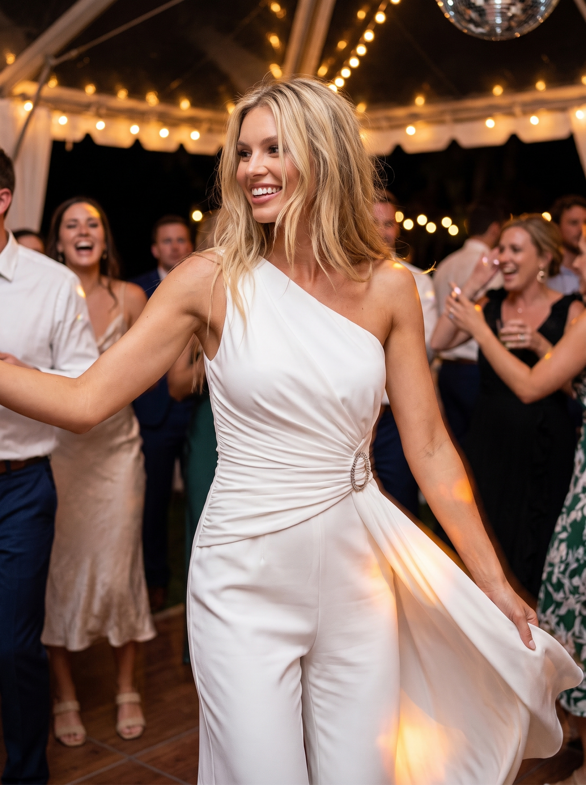 White One Shoulder Ruffle Jumpsuit on a dance floor
