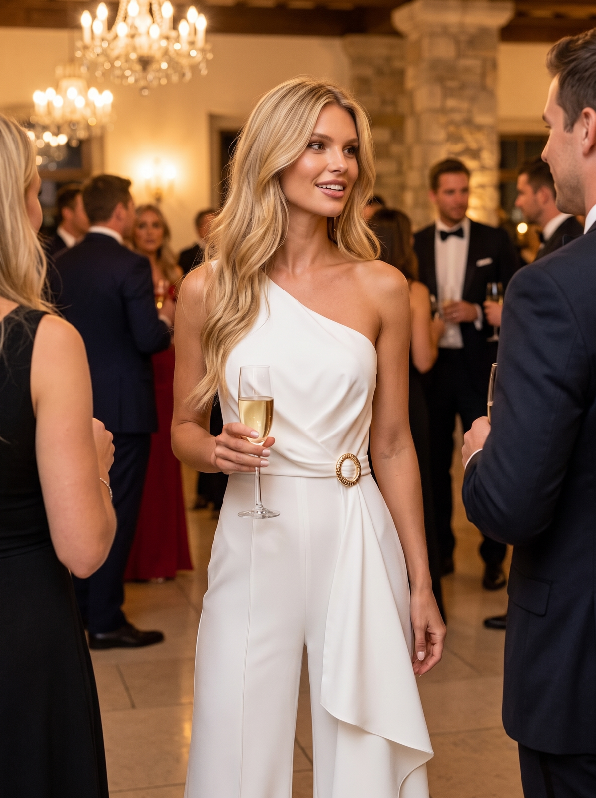 White One Shoulder Ruffle Jumpsuit at a reception