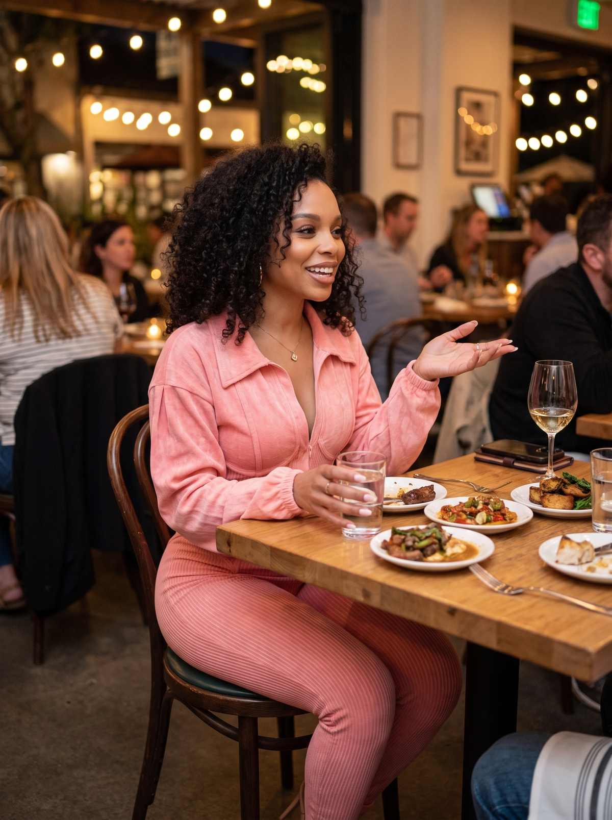 Pink Lapel Long Sleeve Jumpsuit at a restaurant
