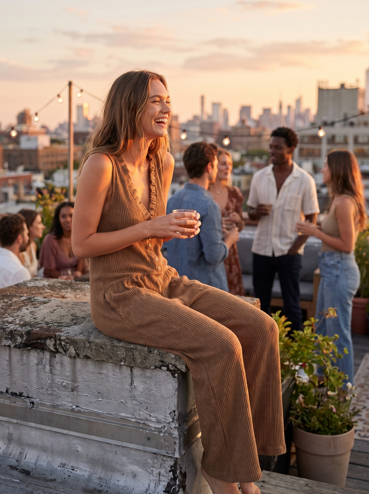 V Neck Sleeveless Pocket Playsuit on a rooftop