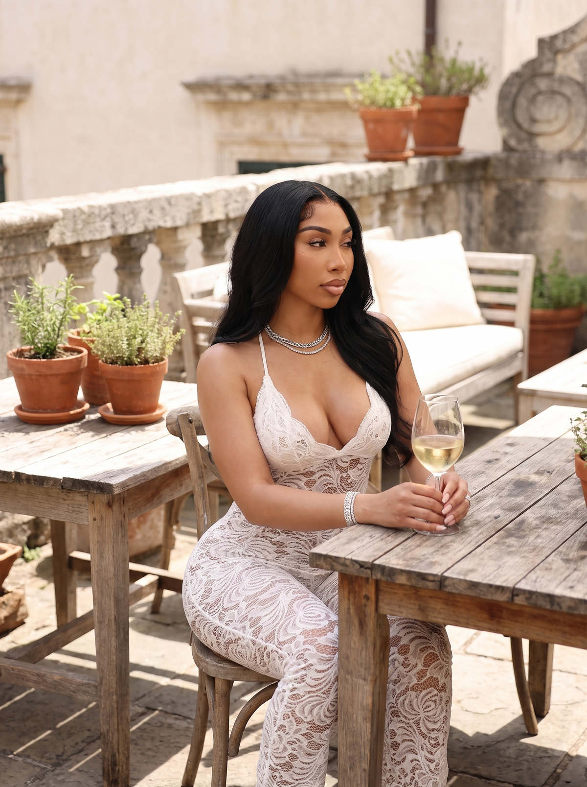 Cross Back Sheer V Neck Jumpsuit on a bright terrace