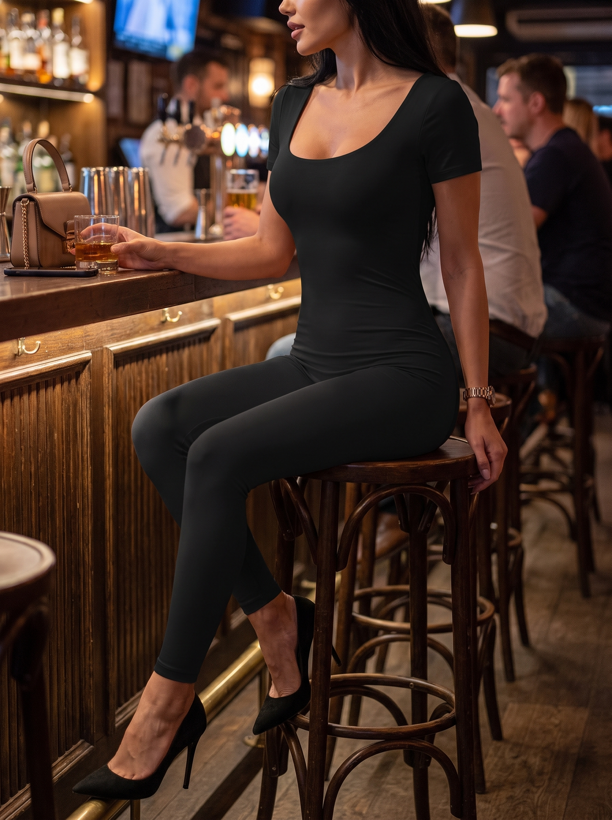 Short Sleeve Bodycon Romper at a bar at night