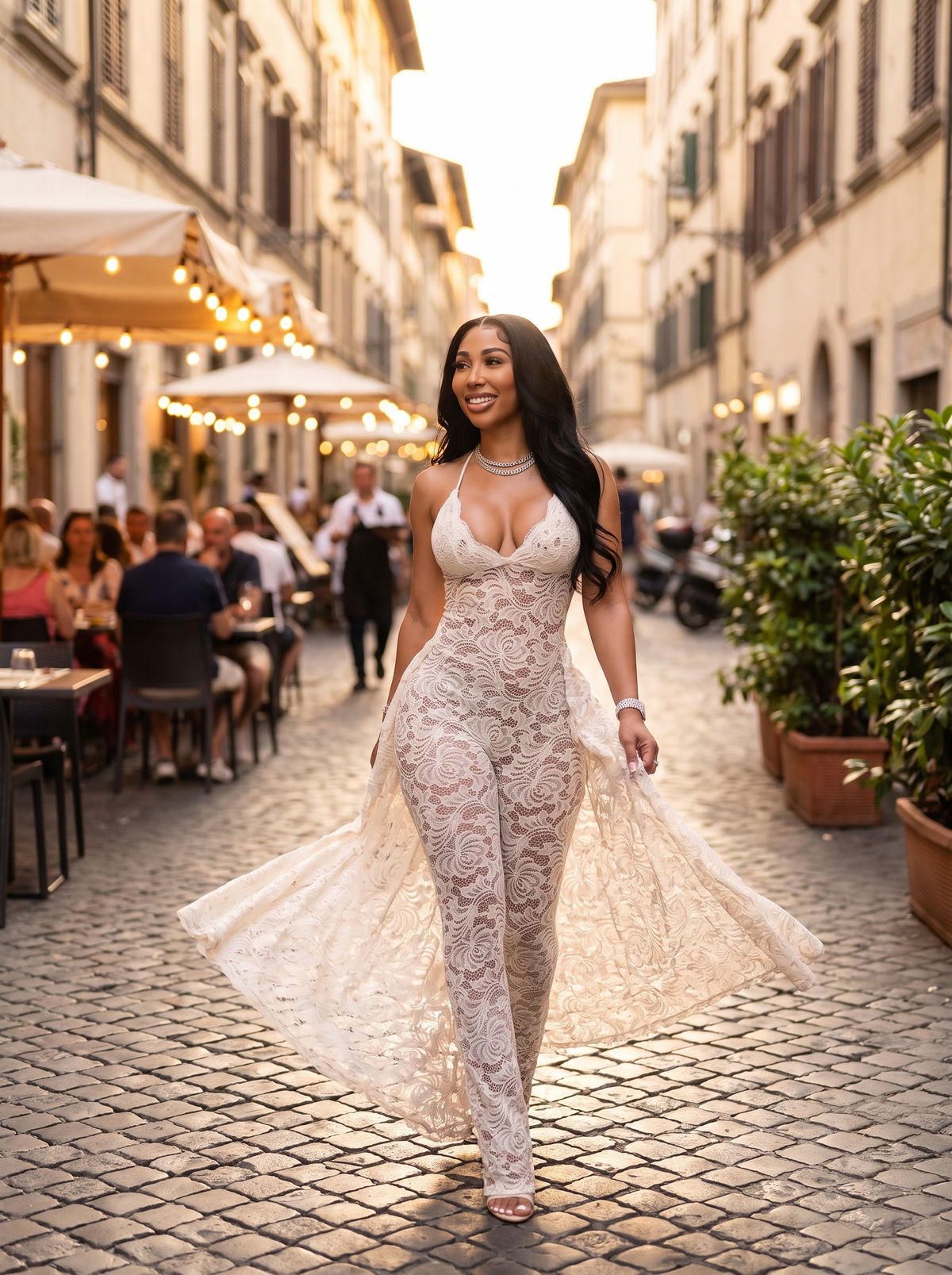 Cross Back Sheer V Neck Jumpsuit on a summer street