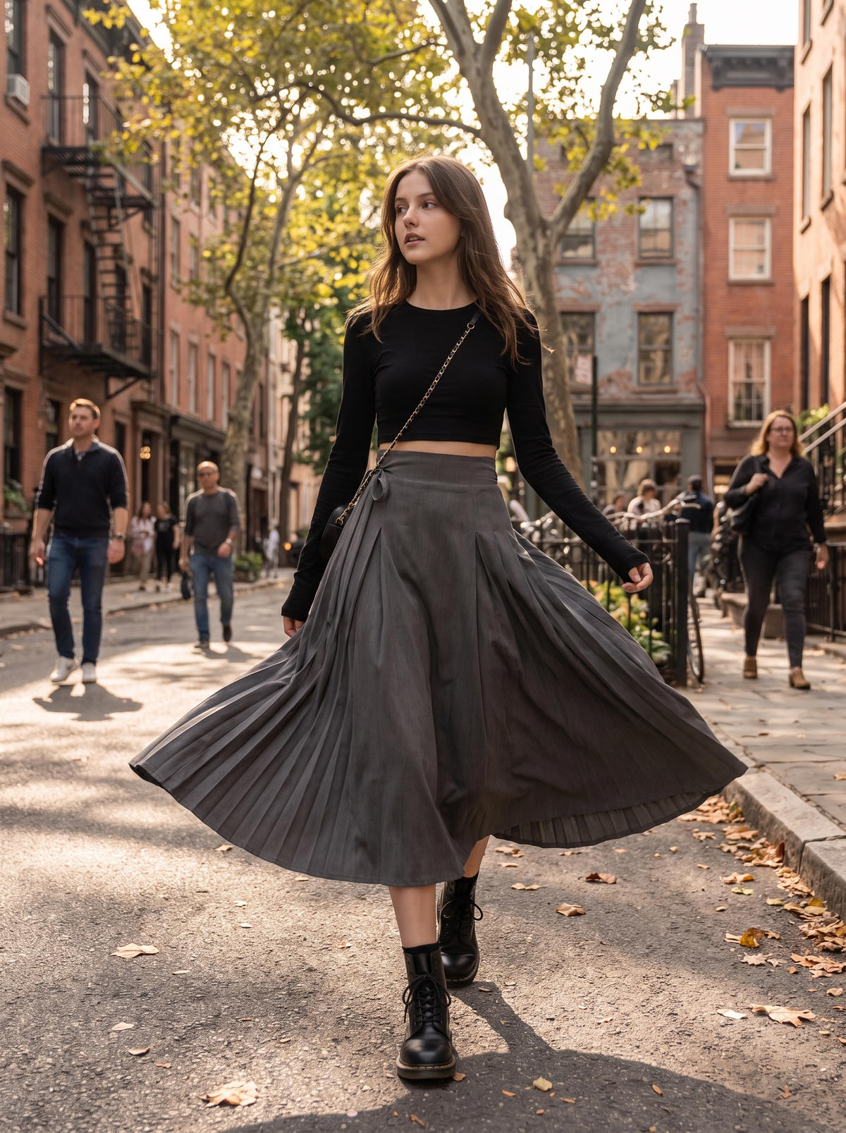 Korean Pleated Lace Up Midi Skirt on an autumn street