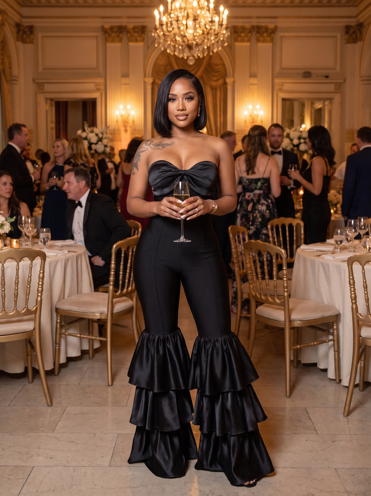 Strapless Ruffle Flare Jumpsuit at an evening reception