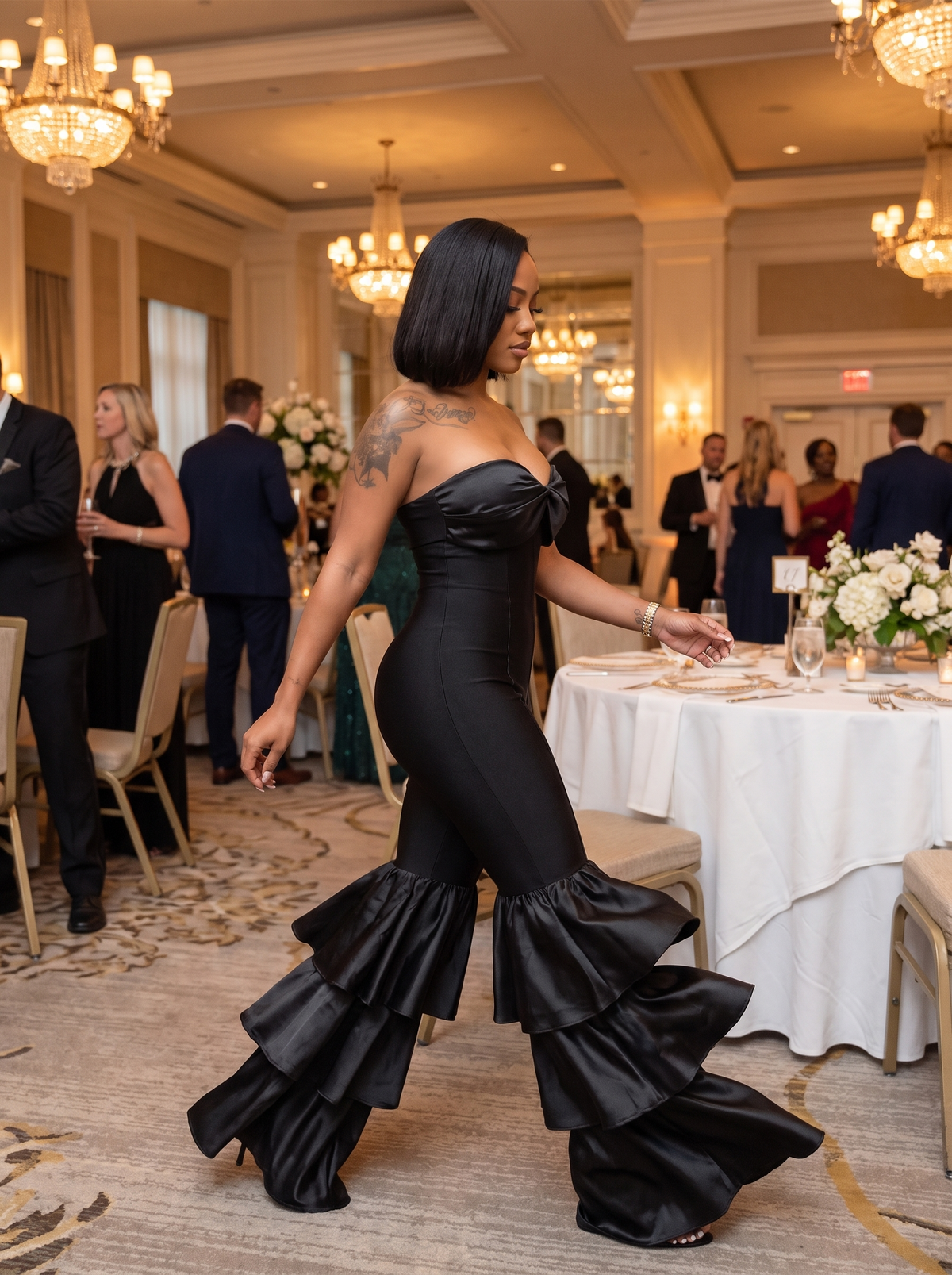 Strapless Ruffle Flare Jumpsuit in a ballroom