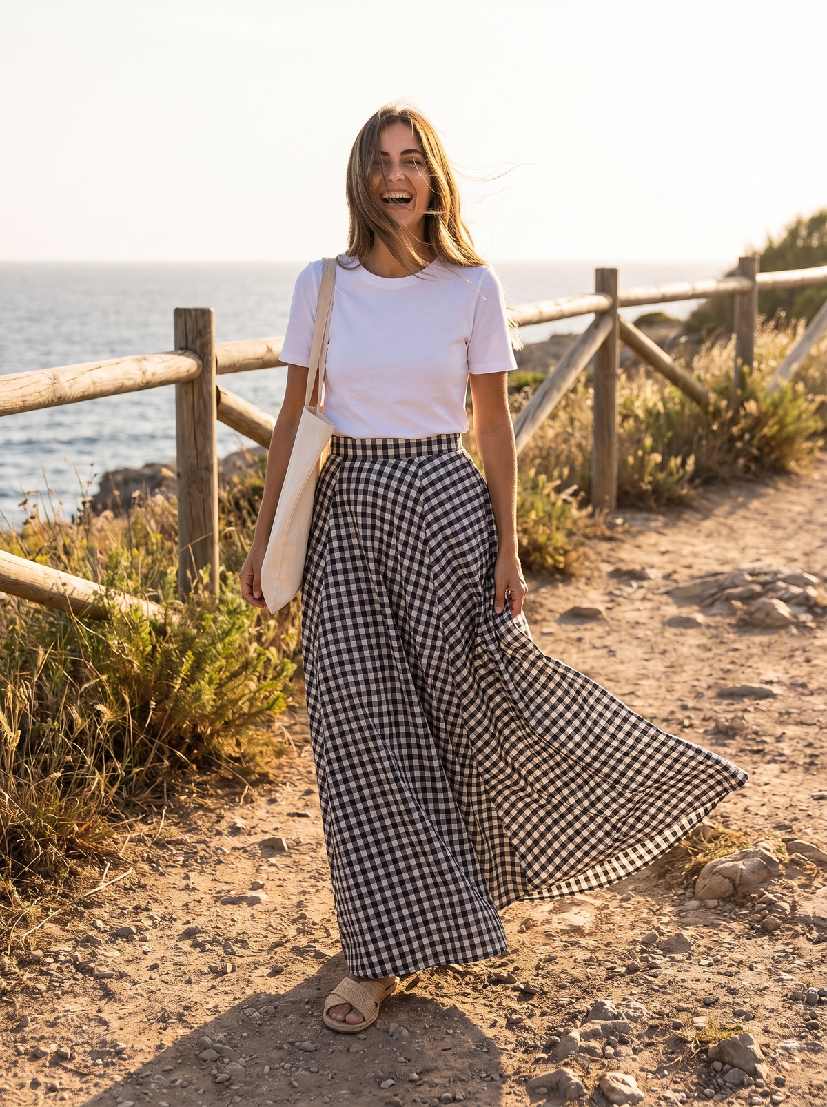 High Waist Floor Length Skirt on a coastal path
