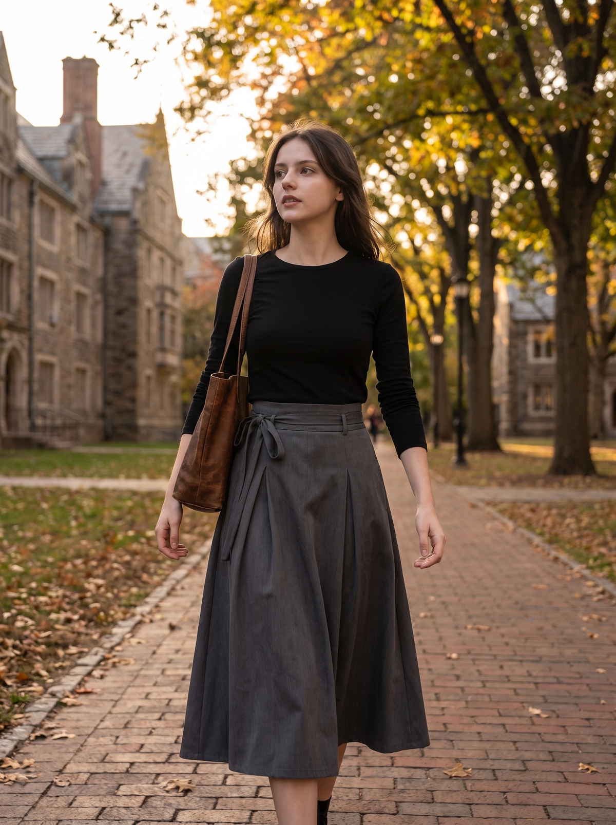 Korean Pleated Lace Up Midi Skirt on a campus path