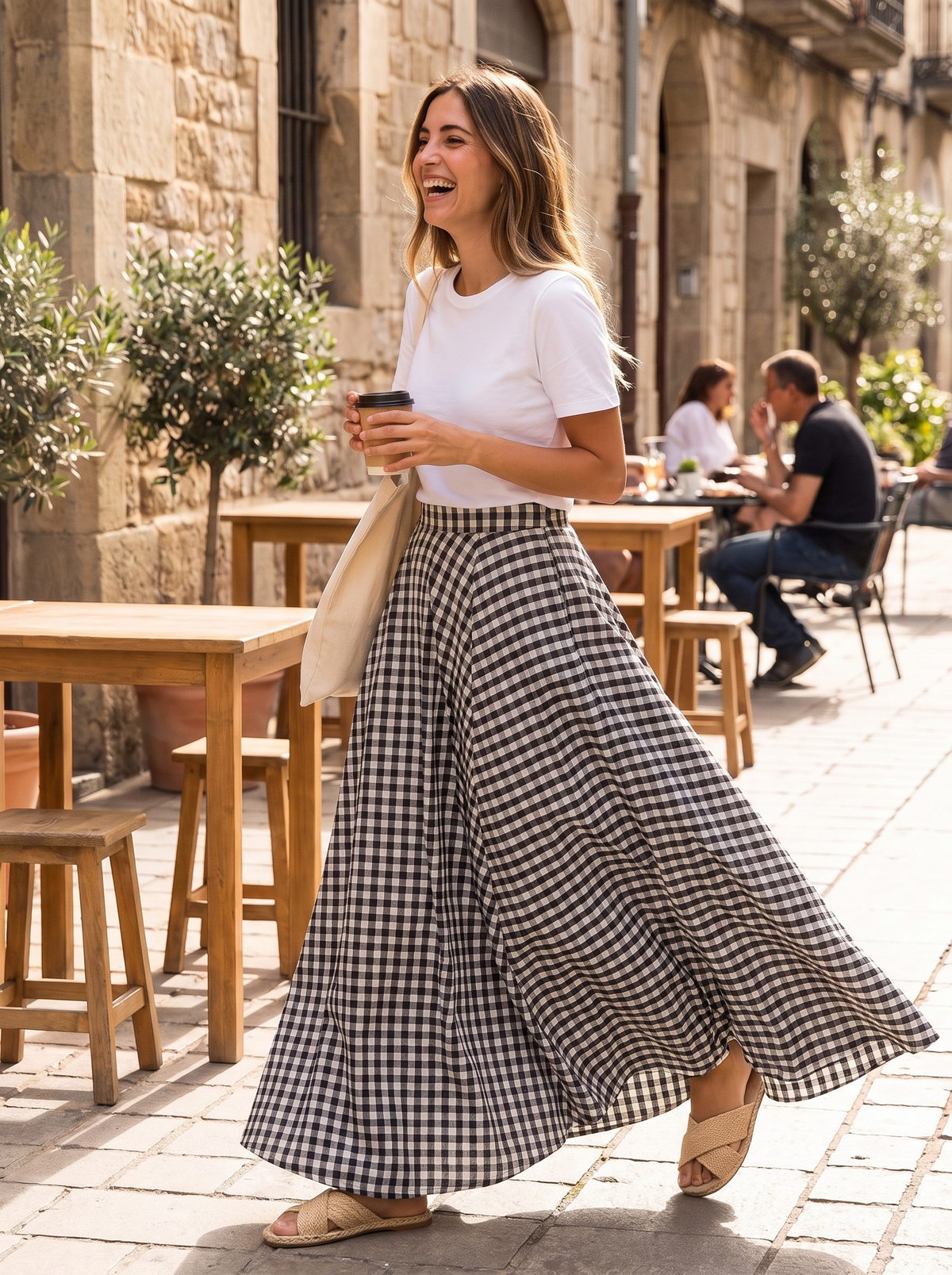 High Waist Floor Length Skirt in a sunlit courtyard