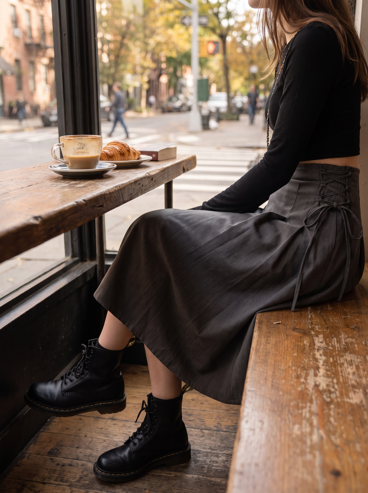 Korean Pleated Lace Up Midi Skirt at a coffee shop