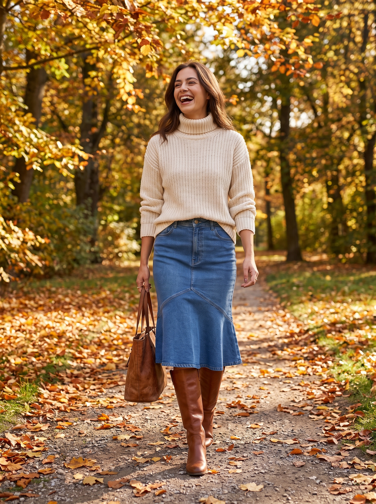 Buttoned Denim Look Midi Skirt on an autumn path