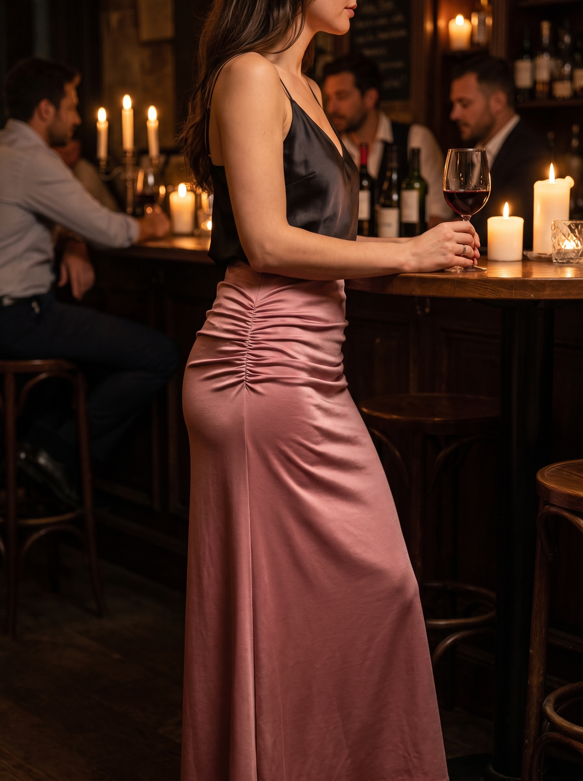 Pink Shirred Satin Midi Skirt at a candlelit bar