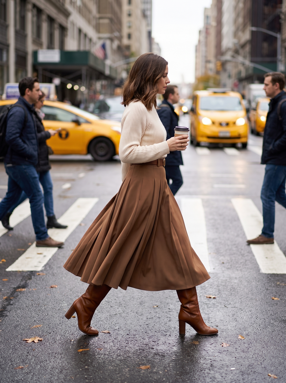 Pleated Patchwork Office Midi Skirt at a city crossing