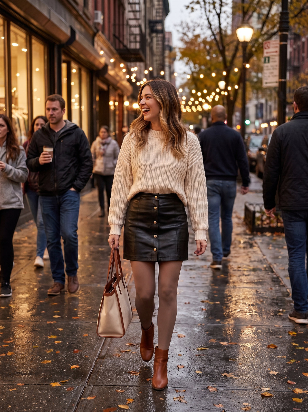 Faux Leather Buttoned Mini Skirt on a night street