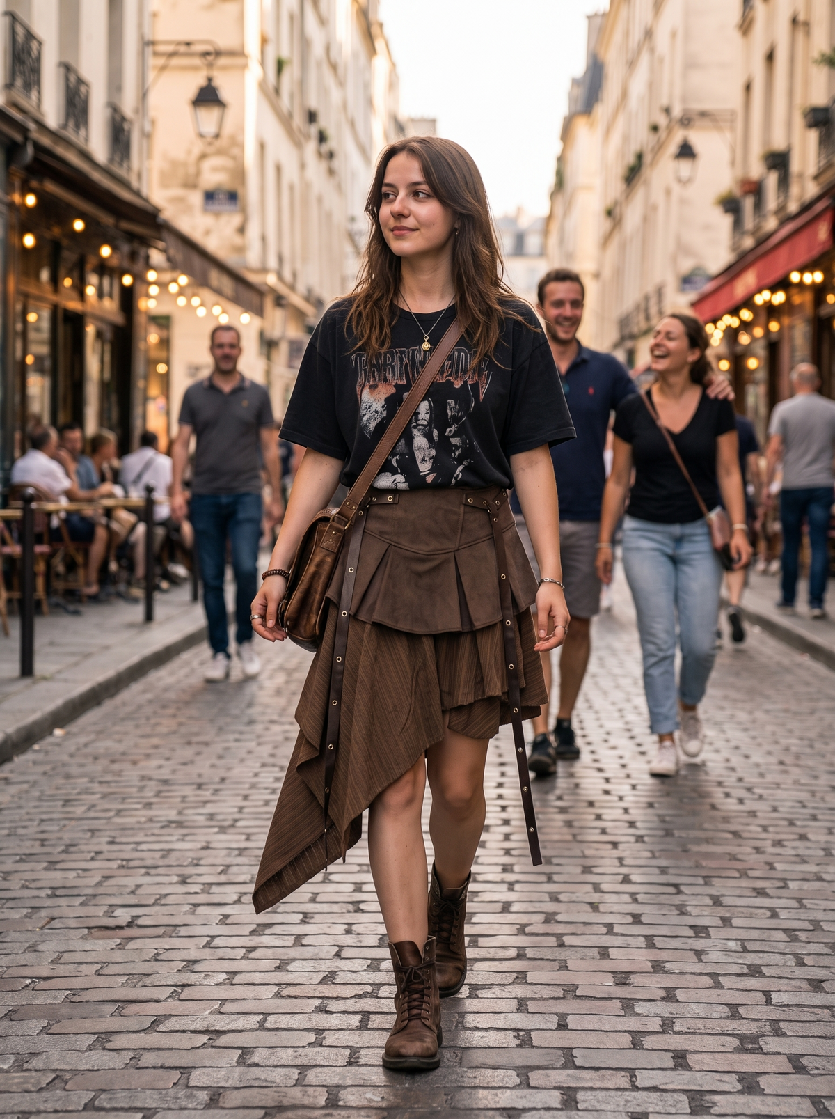 Pleated Splice Mini Skirt on an evening street