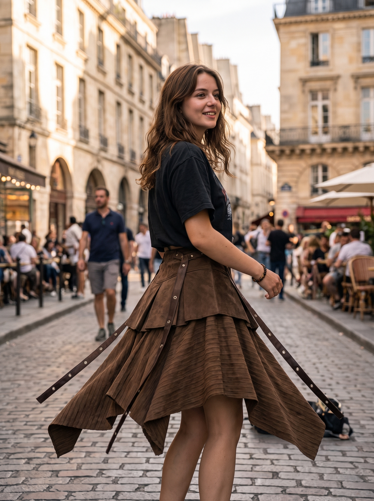 Pleated Splice Mini Skirt in a city square