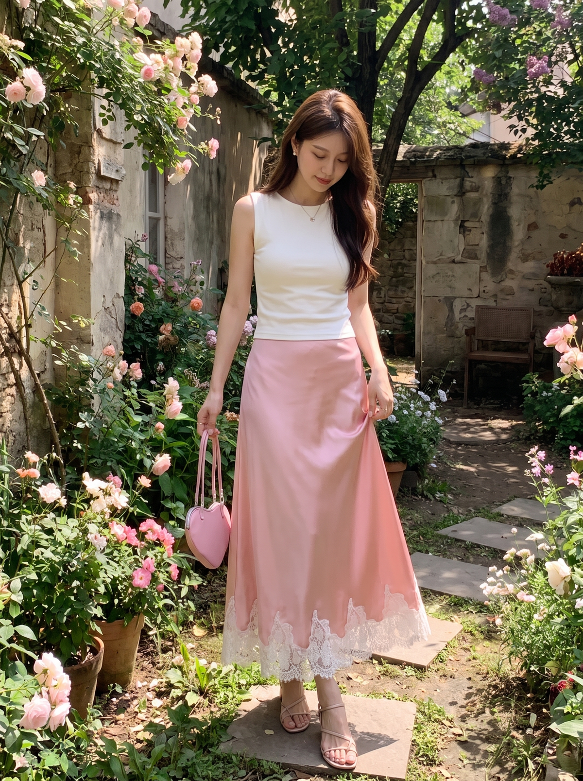 Lace Mesh High Waist Maxi Skirt in a courtyard