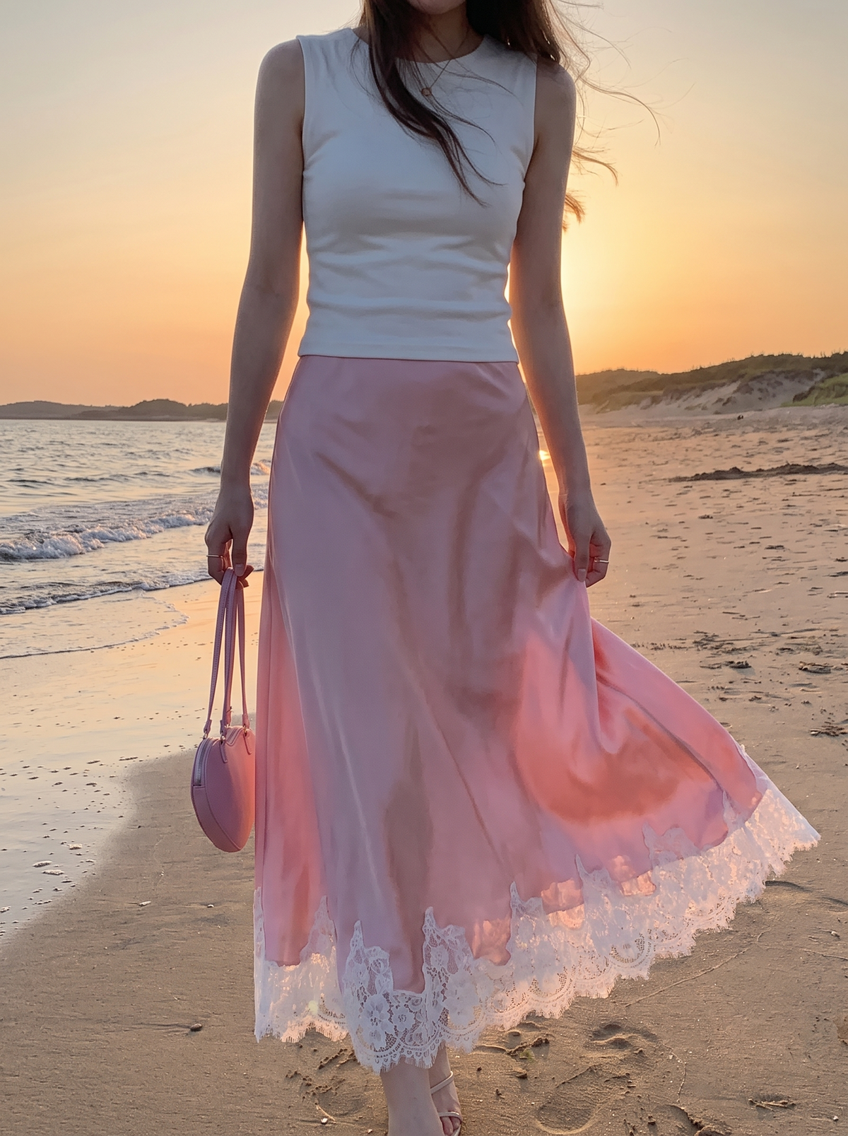 Lace Mesh High Waist Maxi Skirt on a beach at golden hour