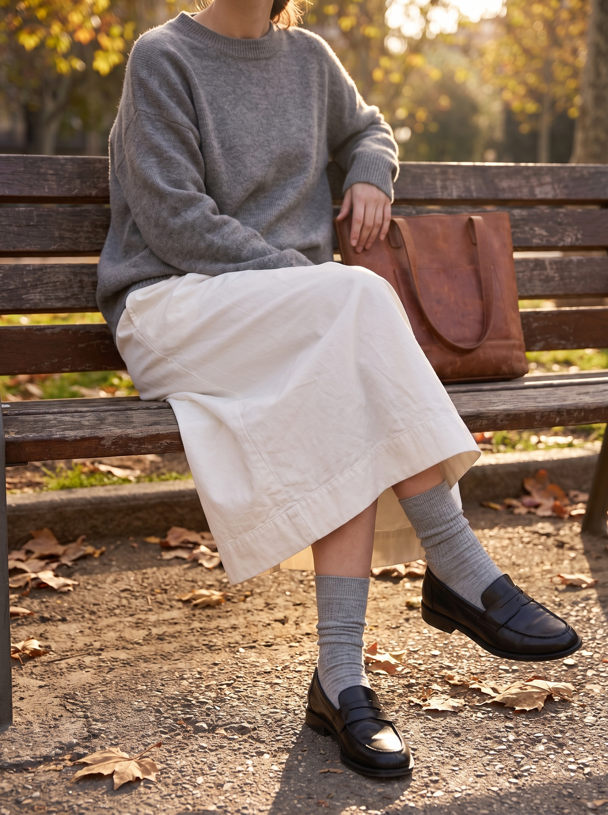 Cotton Lyocell Umbrella A Line Skirt on a park bench
