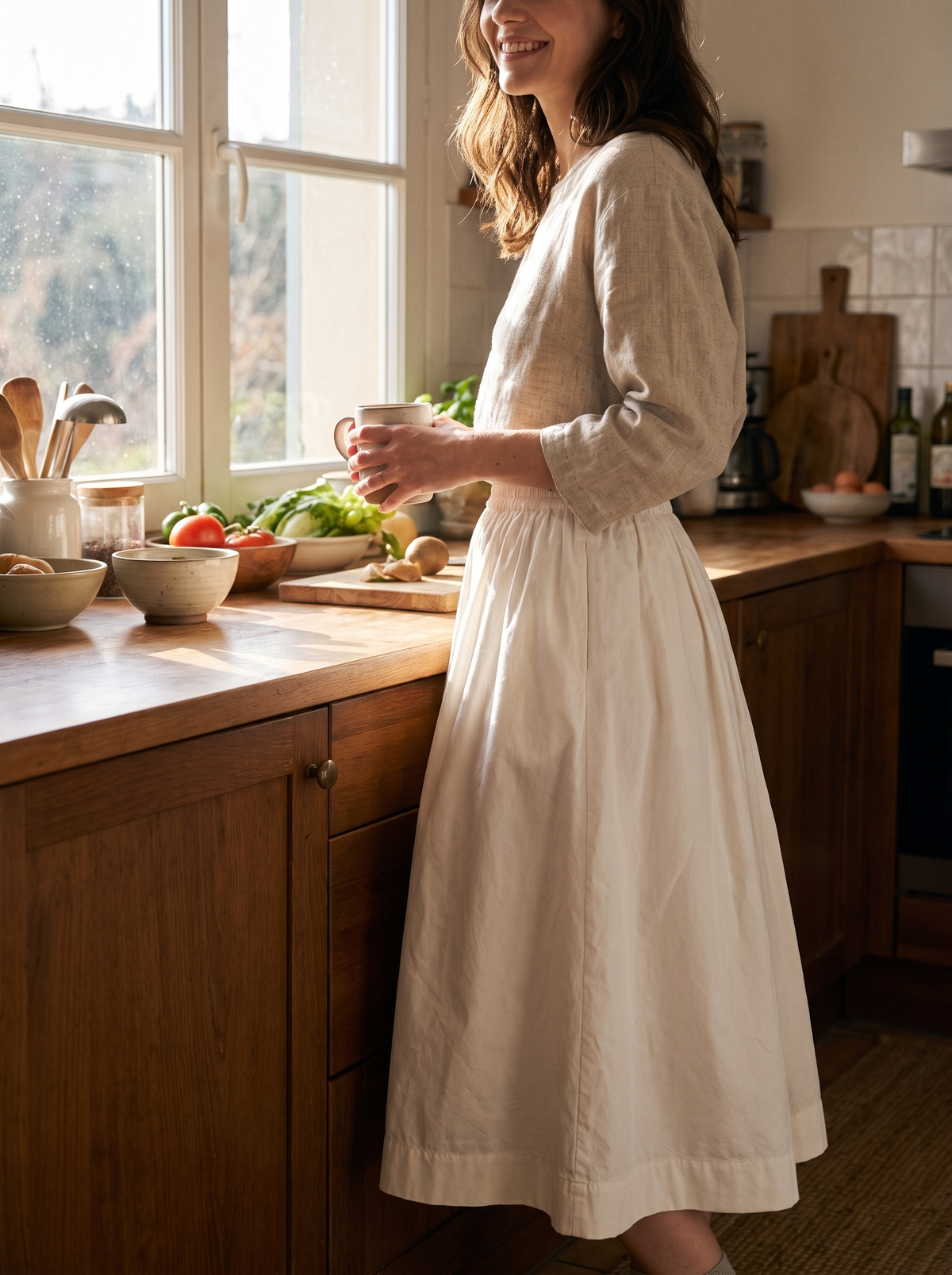Cotton Lyocell Umbrella A Line Skirt in a sunlit kitchen