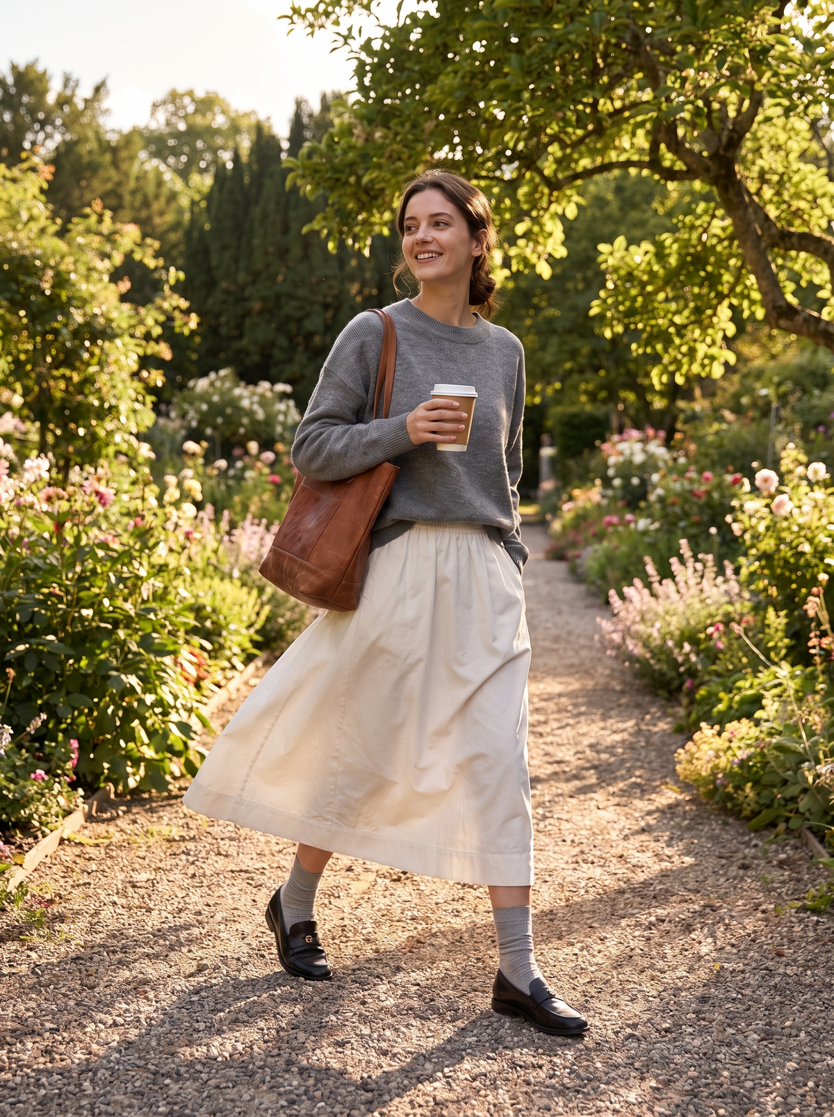 Cotton Lyocell Umbrella A Line Skirt on a garden path