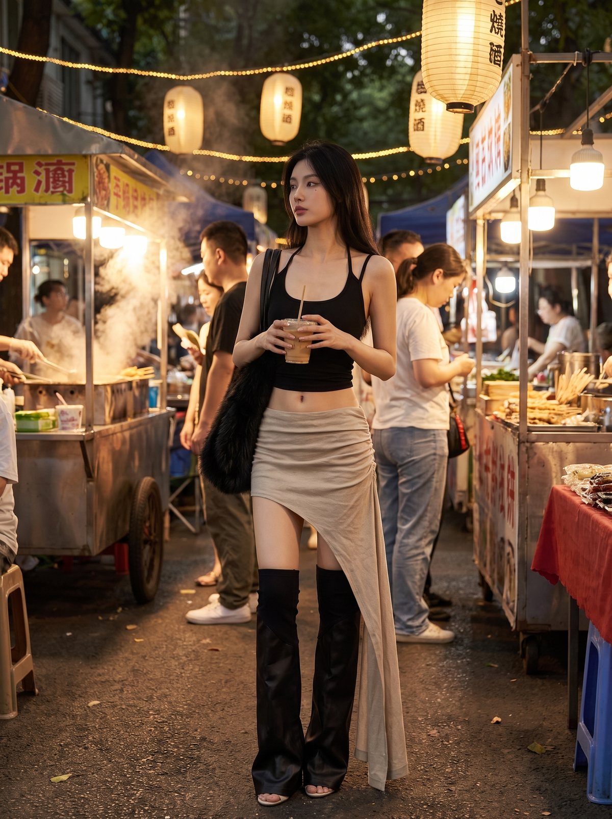Asymmetric Hem Y2K Mini Skirt at a night market