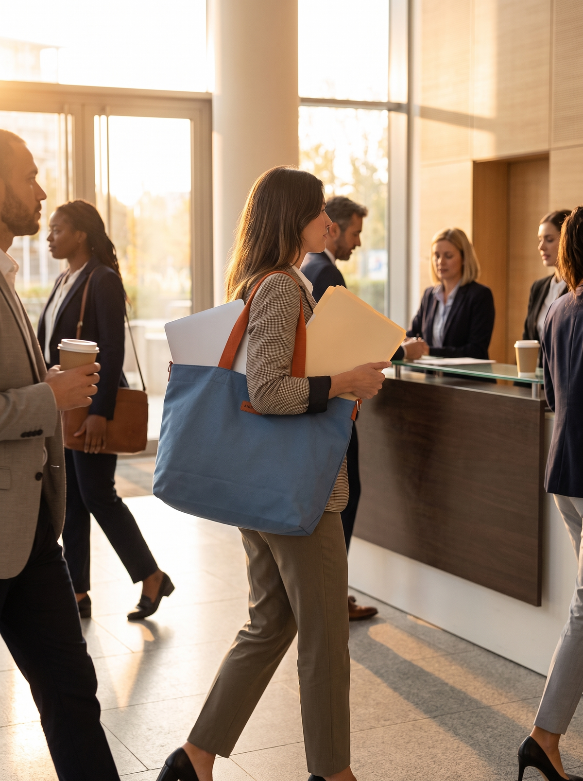 Water Resistant Everyday Tote in an office lobby