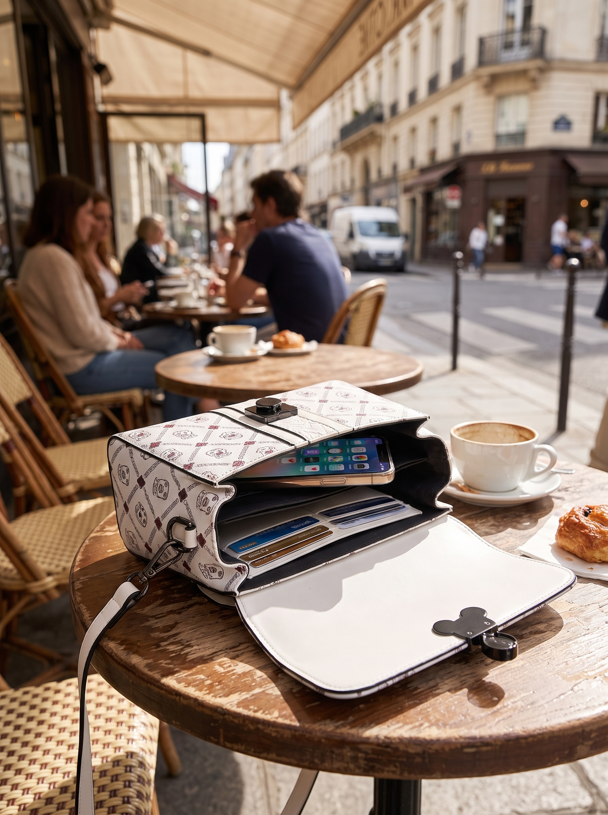 Tassel Crossbody Shoulder Bag interior at a cafe