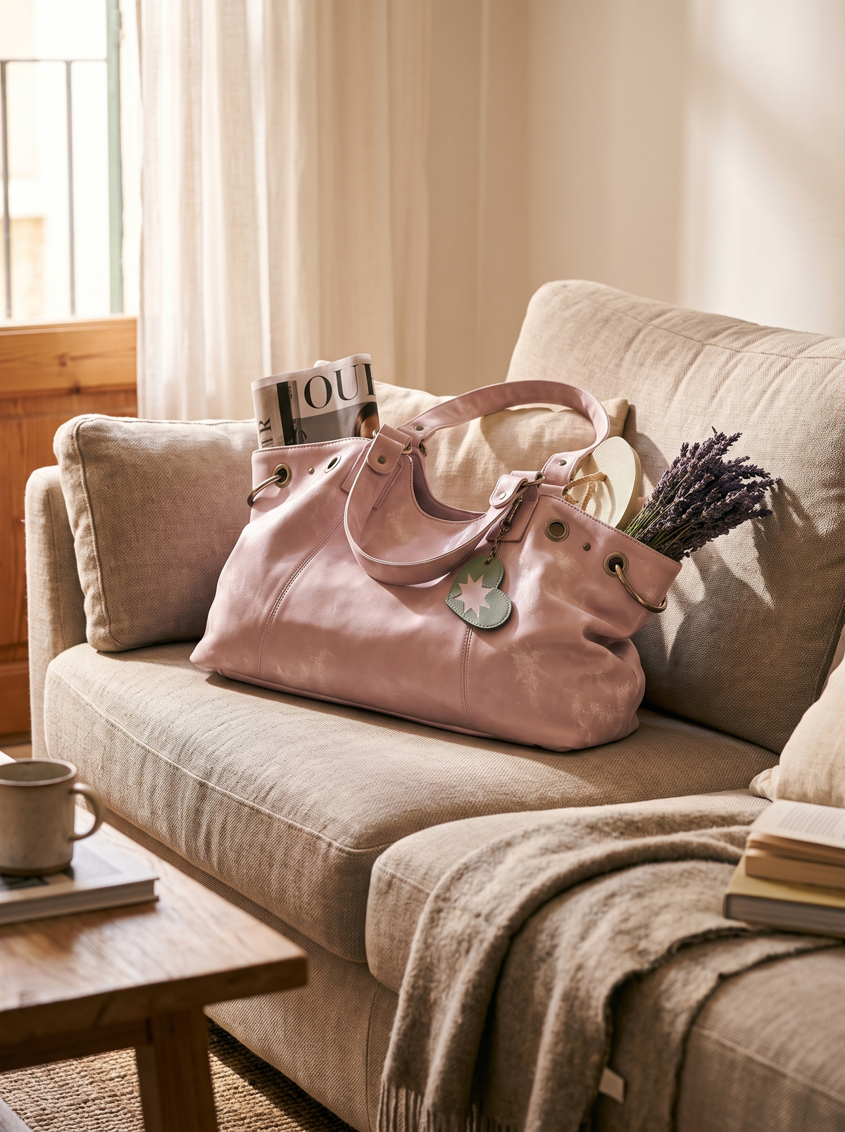 Slouchy Dumpling Shoulder Bag resting on a sofa