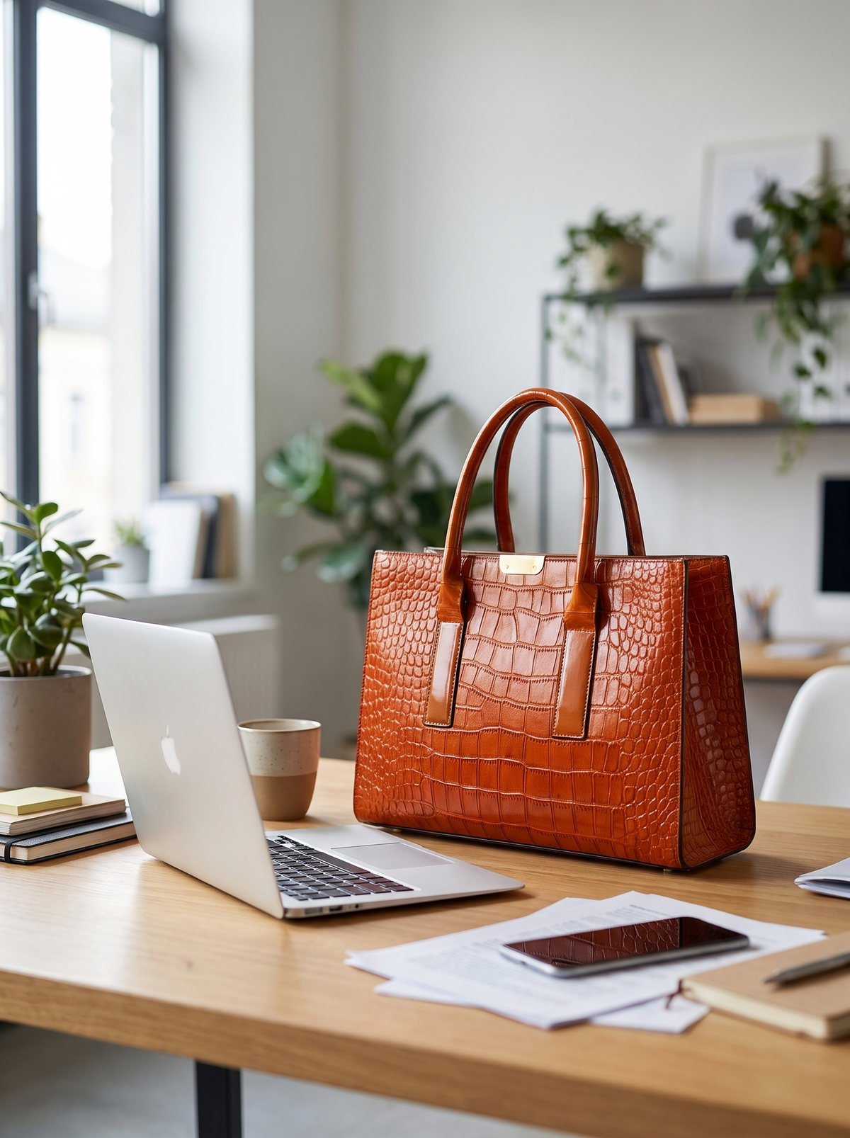 Structured Zip Work Tote standing on a desk