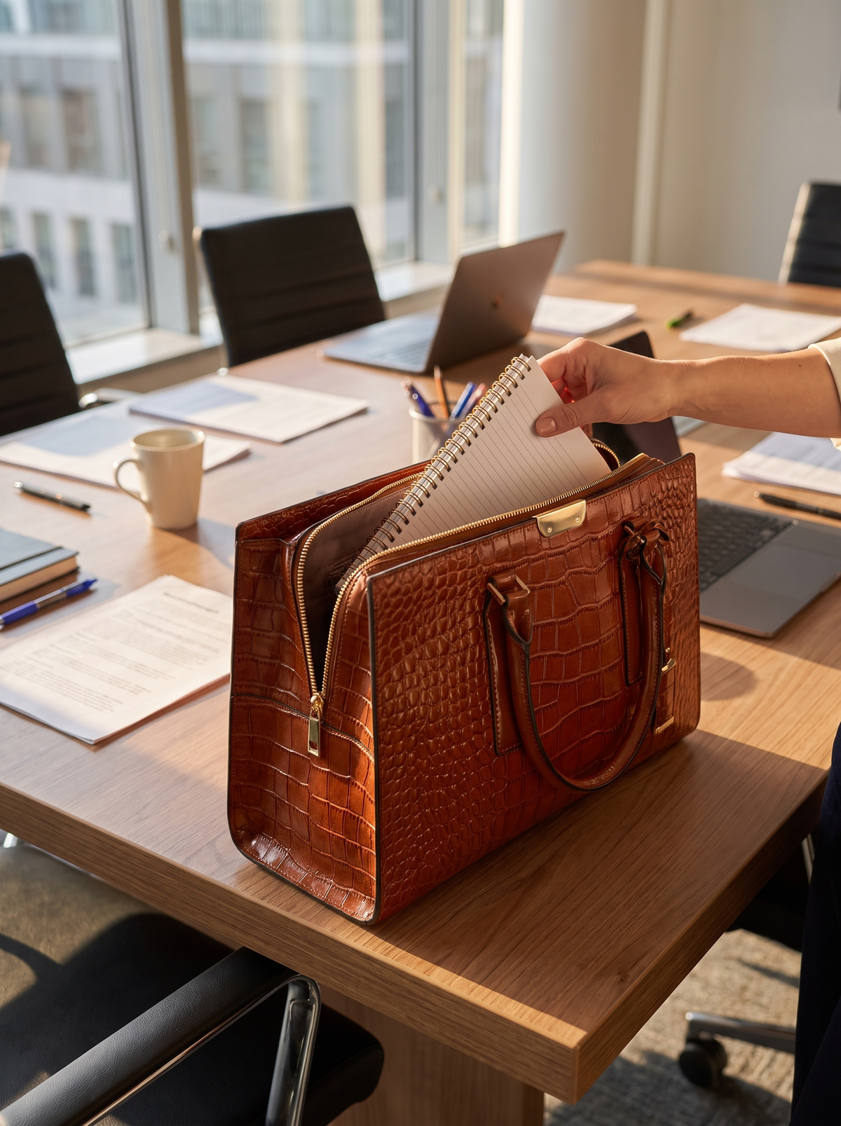 Structured Zip Work Tote open on a meeting room table