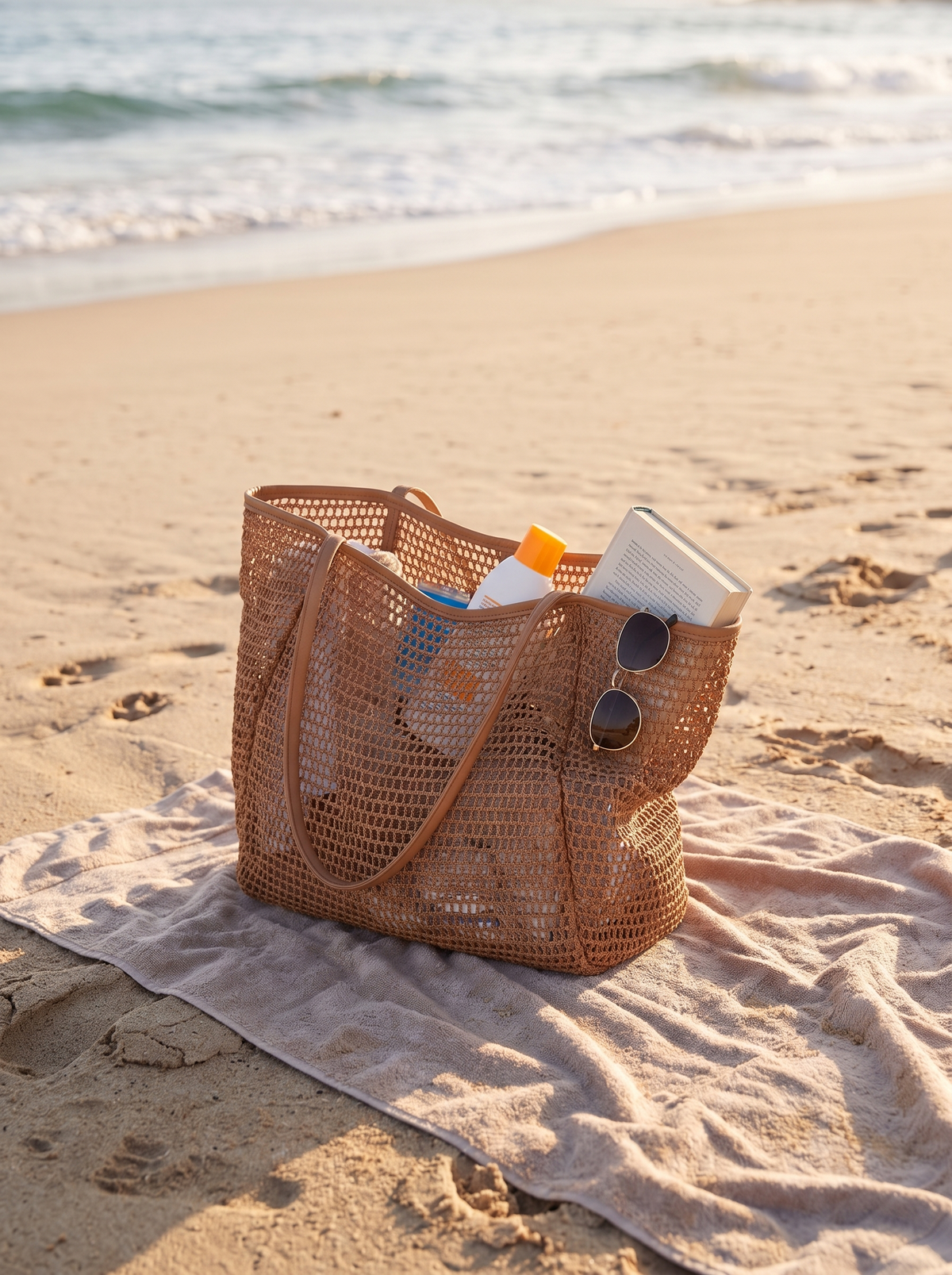 Woven Polyester Beach Tote open on the sand