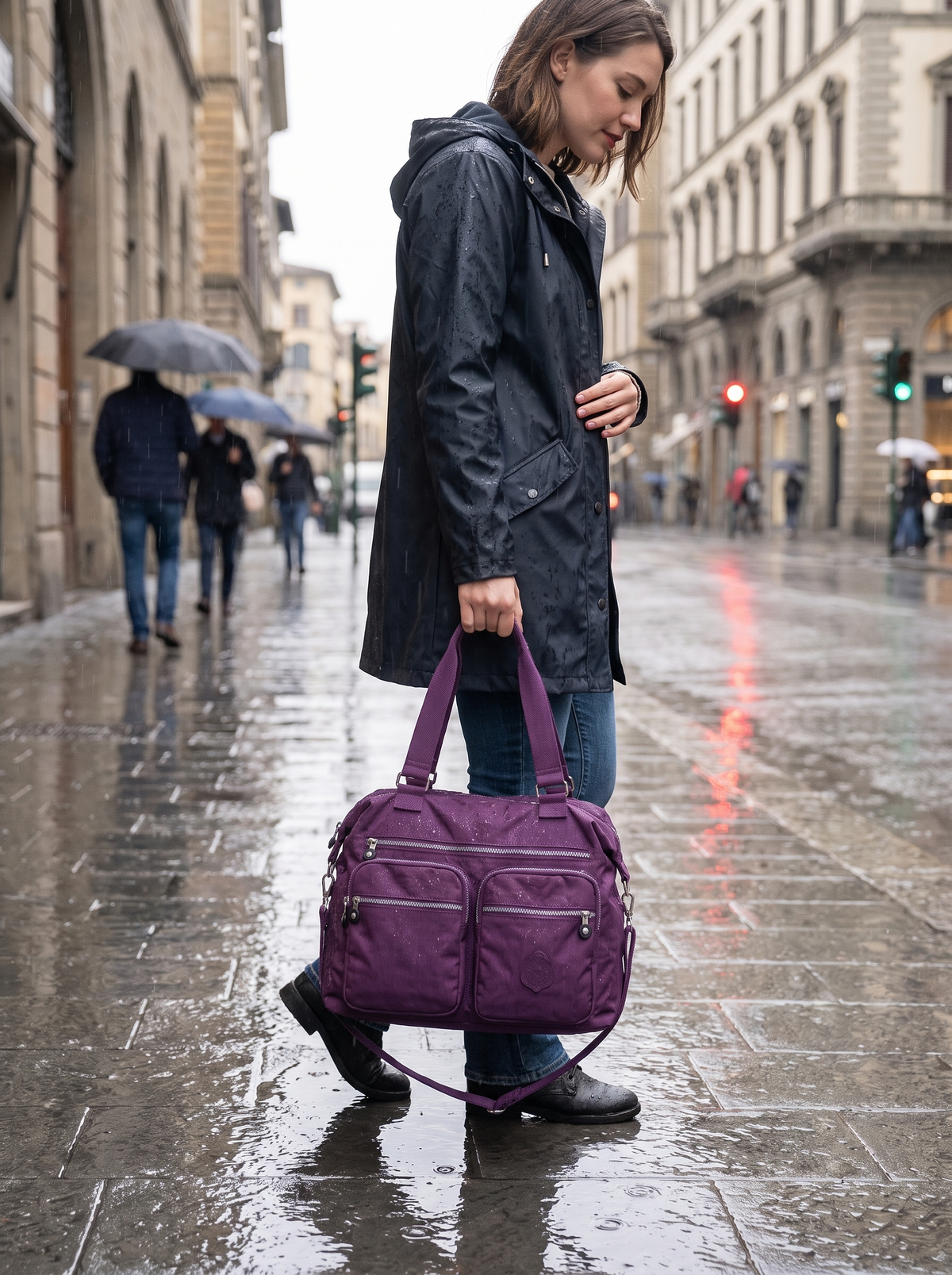 Waterproof Nylon Top Handle Bag in the rain