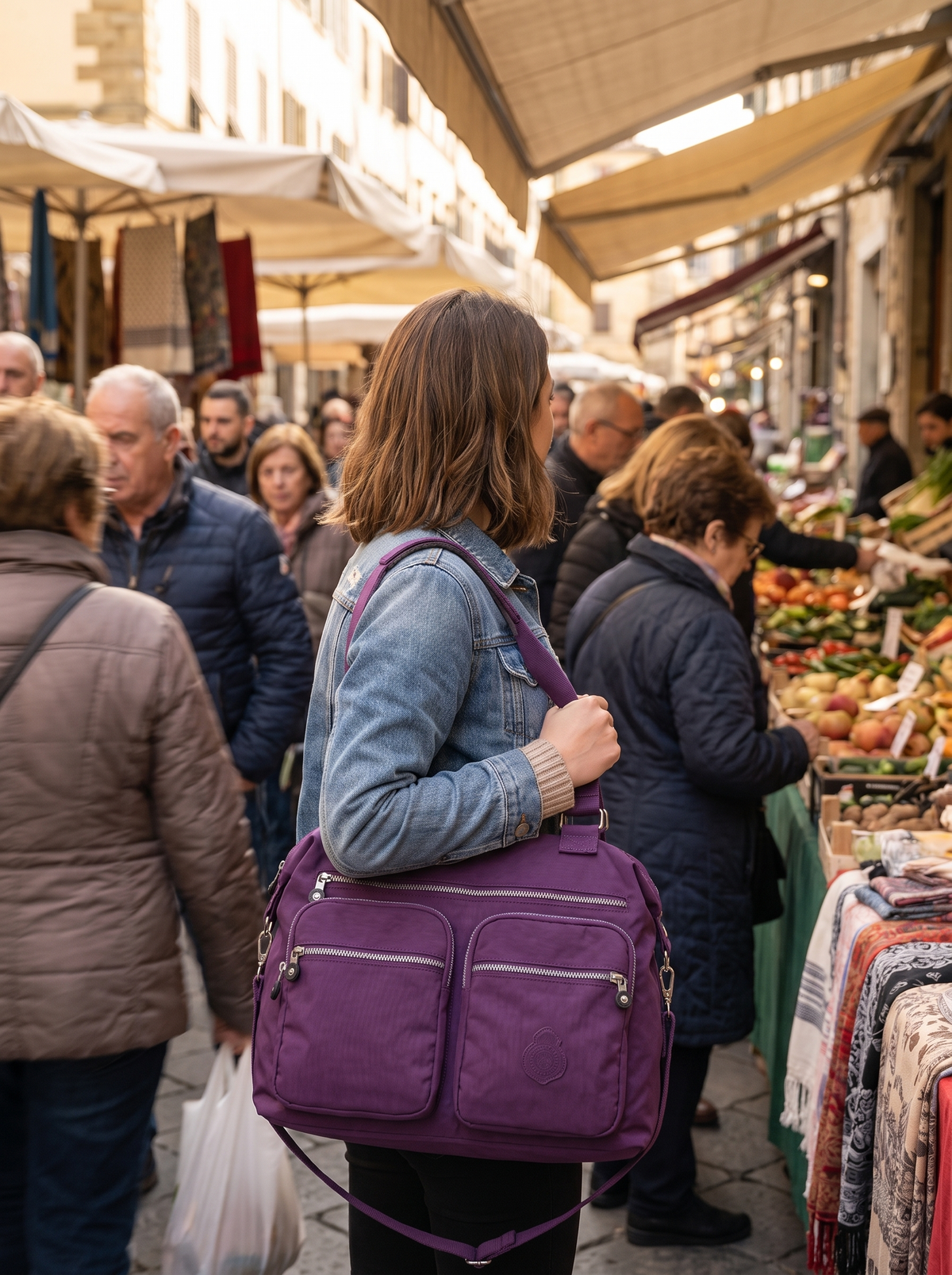 Waterproof Nylon Top Handle Bag in a busy market