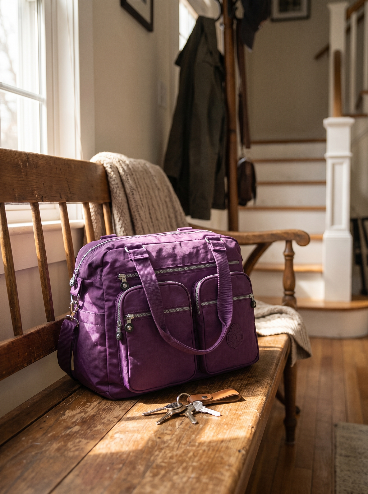 Waterproof Nylon Top Handle Bag on a hallway bench