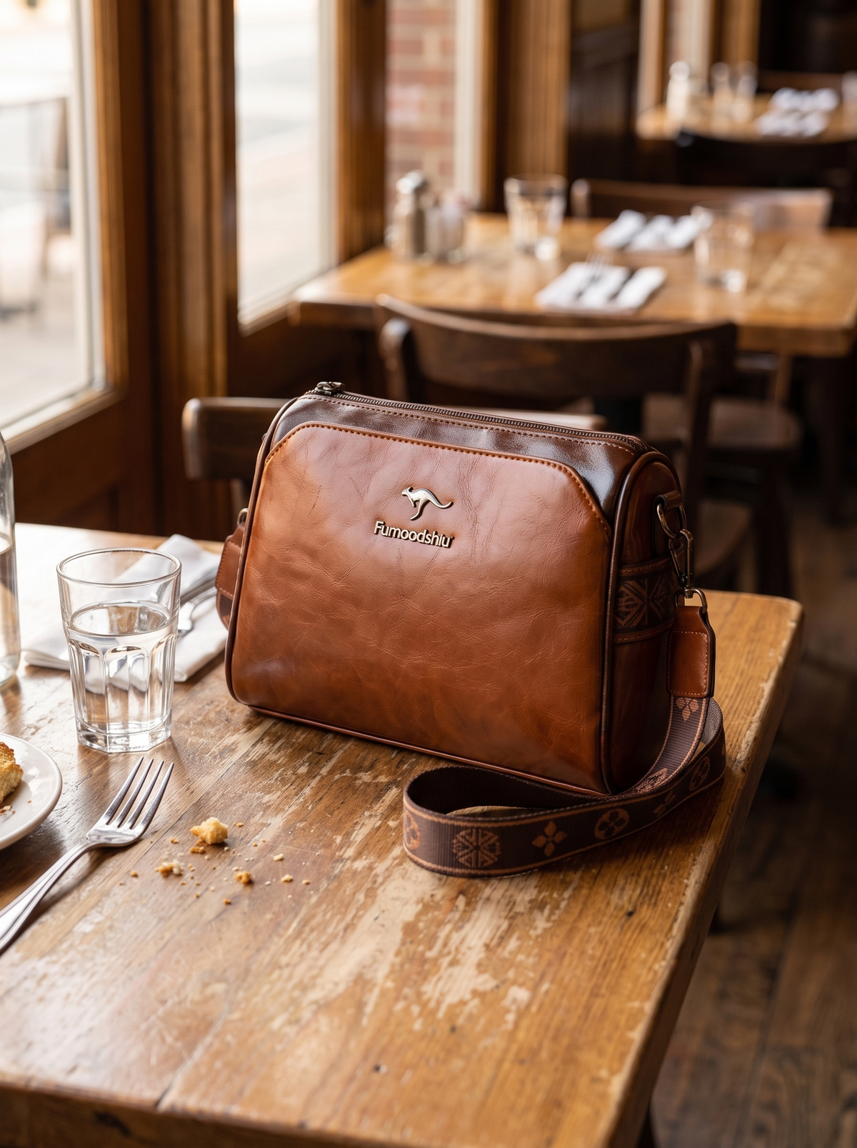 Retro Pillow Crossbody Bag on a restaurant table