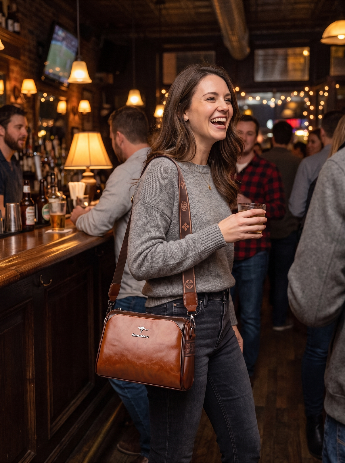 Retro Pillow Crossbody Bag at a bar