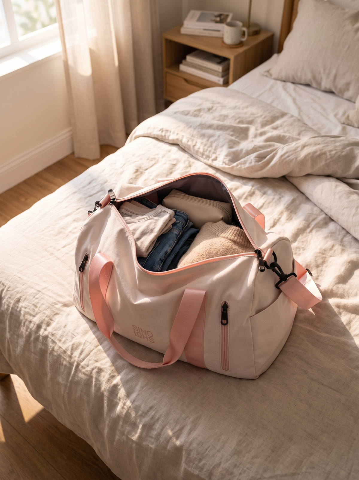 Oxford Weekend Duffle Bag half packed on a bed