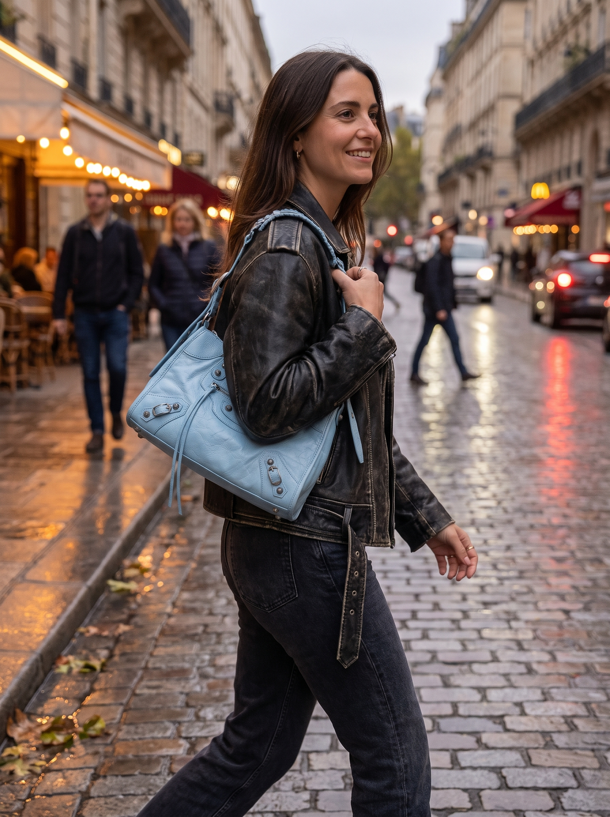 Slouchy Moto Hobo Shoulder Bag tucked under the arm